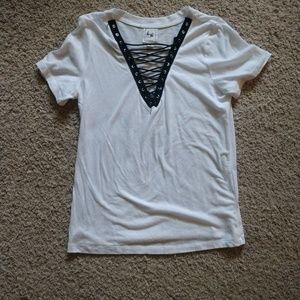 Peasant Neck White Short Sleeved T Shirt